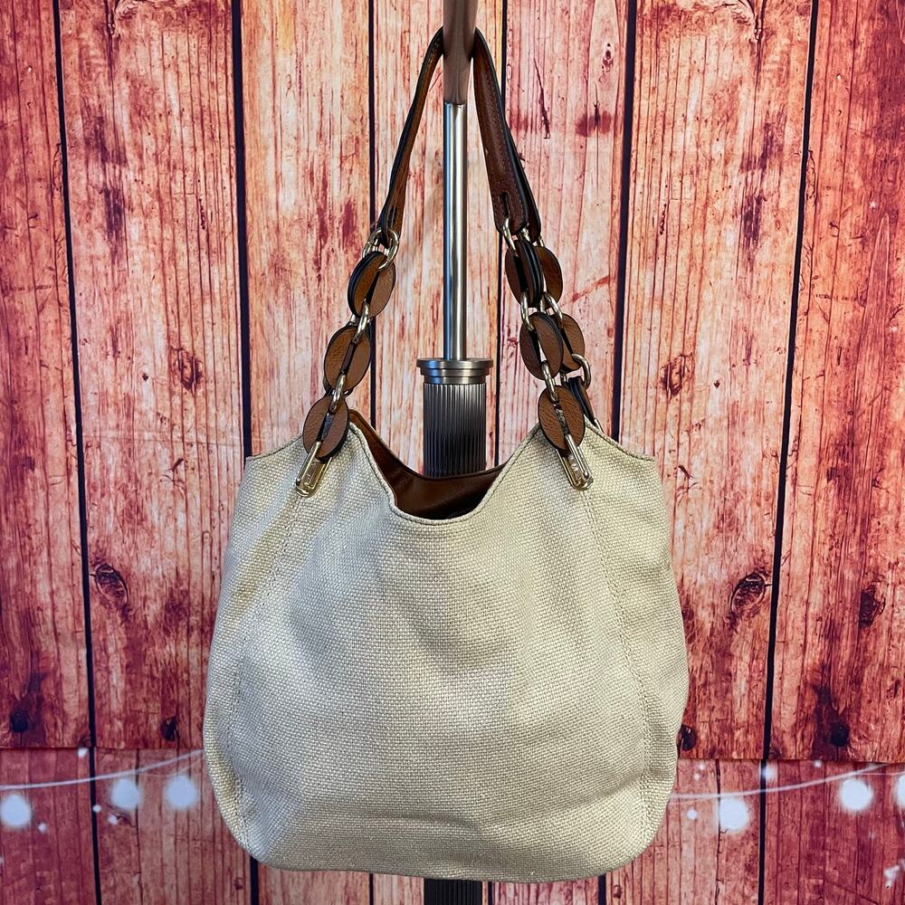 Kate & Alex Cuffaro Canvas Shoulder Hobo Bag Leather Double Strap Khaki Brown